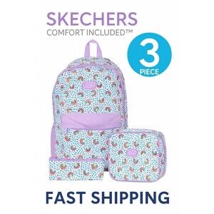 Skechers 3-Piece Backpack Set Kids Rainbow Print Purple Lunch Bag Pencil Case